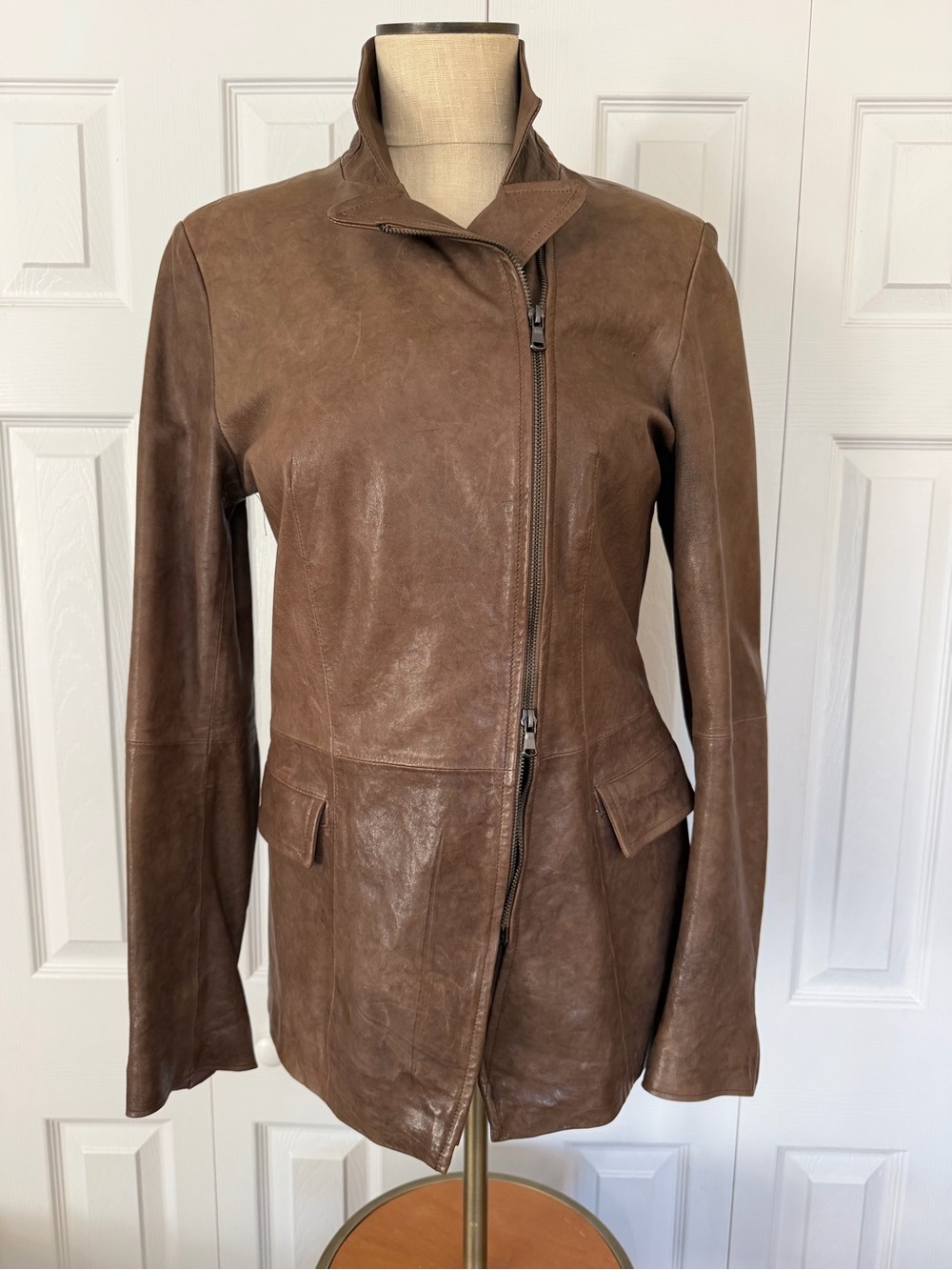 ♥️ Vinci Leather Factory Firenze Italy Brown Leather Jacket Asymmetric Zip - Picture 2 of 10